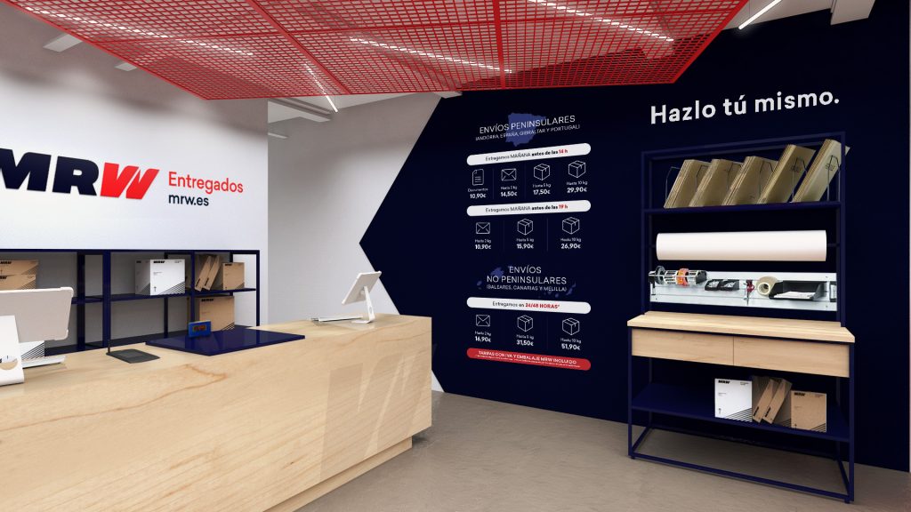 Detalle de señalética y organización de servicios MRW en el interior del punto de atención.