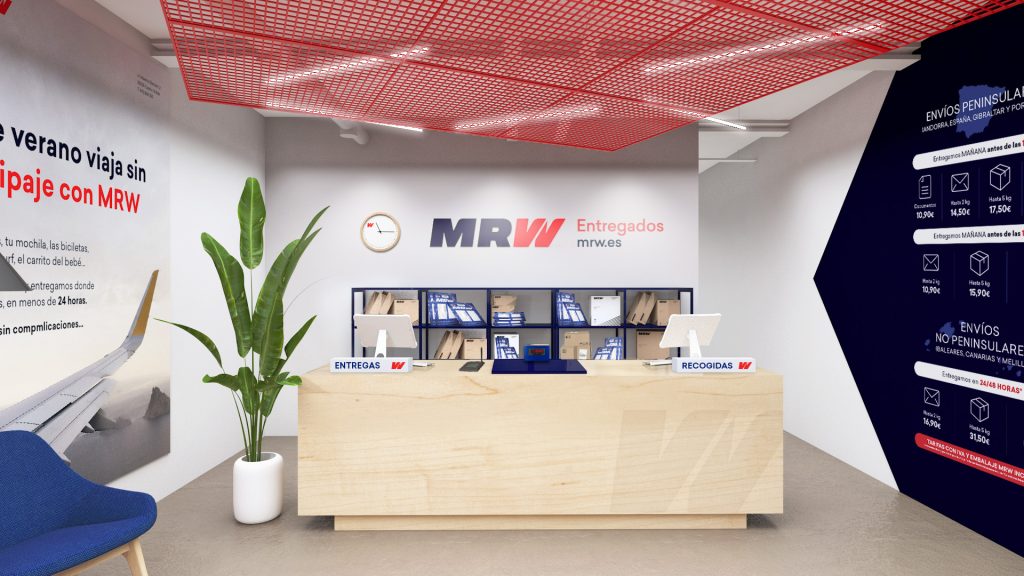 Render del concepto de oficina MRW con mostrador, señalética y atención al cliente.